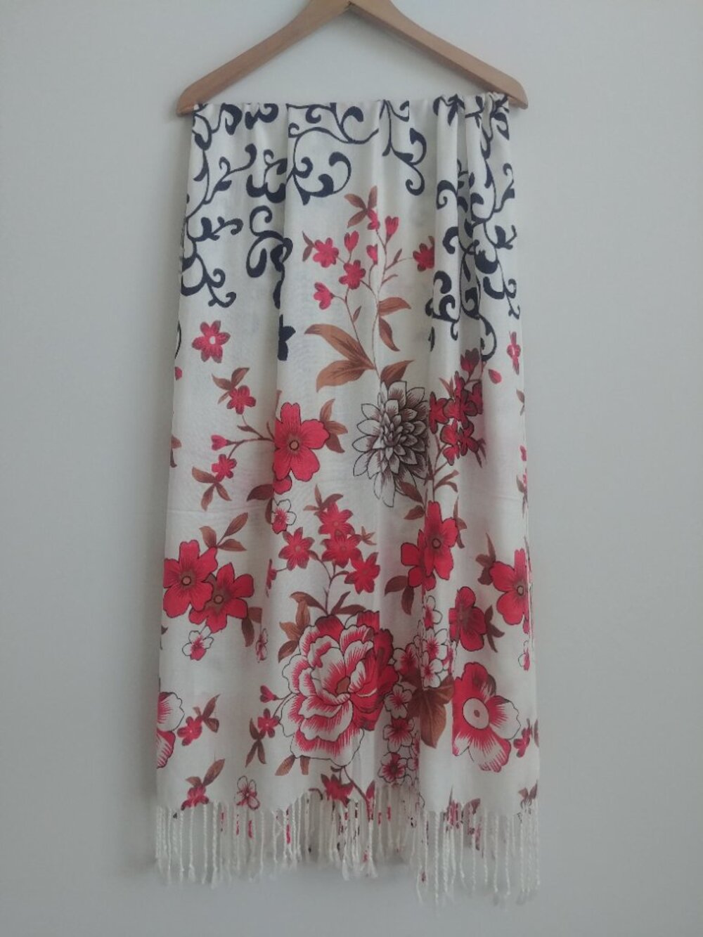 Large rectangle scarf cream off white with red black and brown floral print
